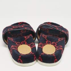 Gucci Navy Blue/Red GG Velvet Flat Slide Sandals Size 41