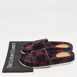 Gucci Navy Blue/Red GG Velvet Flat Slide Sandals Size 41