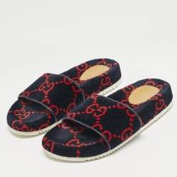 Gucci Navy Blue/Red GG Velvet Flat Slide Sandals Size 41