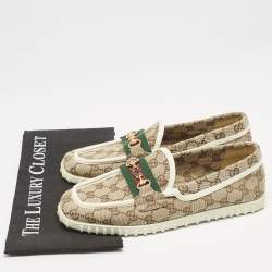 Gucci Beige GG Canvas Horsebit Web Slip On Loafers Size 41.5