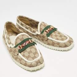 Gucci Beige GG Canvas Horsebit Web Slip On Loafers Size 41.5