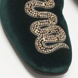 Gucci Dark Green Velvet Crystal Embellished Snake Flat Mules Size 40