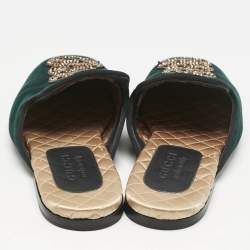 Gucci Dark Green Velvet Crystal Embellished Snake Flat Mules Size 40