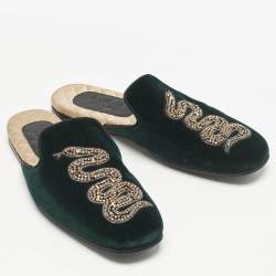 Gucci Dark Green Velvet Crystal Embellished Snake Flat Mules Size 40
