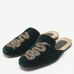 Gucci Dark Green Velvet Crystal Embellished Snake Flat Mules Size 40