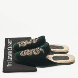Gucci Dark Green Velvet Crystal Embellished Snake Flat Mules Size 40