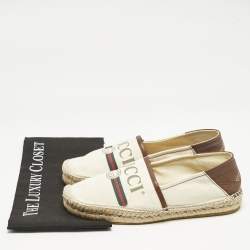 Gucci Cream/Dark Brown Canvas and Leather Logo Slip On Espadrille Flats Size 39