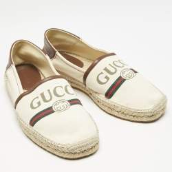 Gucci Cream/Dark Brown Canvas and Leather Logo Slip On Espadrille Flats Size 39