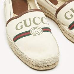 Gucci Cream/Dark Brown Canvas and Leather Logo Slip On Espadrille Flats Size 39