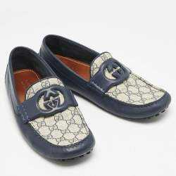 Gucci Navy Blue/Beige Leather and GG Supreme Canvas Interlocking G Loafers Size 44.5