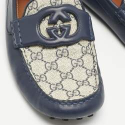Gucci Navy Blue/Beige Leather and GG Supreme Canvas Interlocking G Loafers Size 44.5