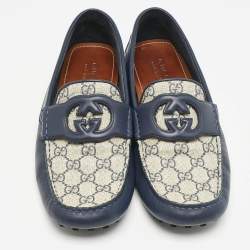 Gucci Navy Blue/Beige Leather and GG Supreme Canvas Interlocking G Loafers Size 44.5