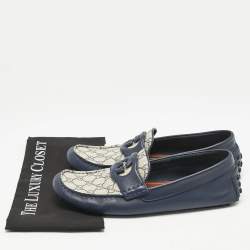 Gucci Navy Blue/Beige Leather and GG Supreme Canvas Interlocking G Loafers Size 44.5