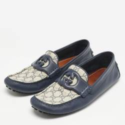 Gucci Navy Blue/Beige Leather and GG Supreme Canvas Interlocking G Loafers Size 44.5