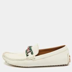 Gucci White Leather Web Slip On Loafers Size 43