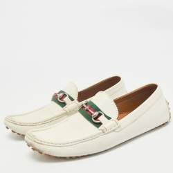 Gucci White Leather Web Slip On Loafers Size 43