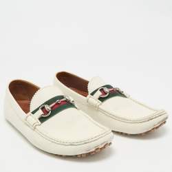 Gucci White Leather Web Slip On Loafers Size 43