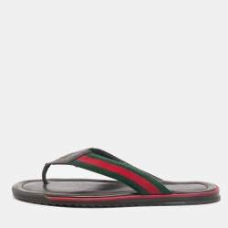 Gucci Brown Micro Guccissima Leather Web Thong Flip Flop Sandals Size 44.5