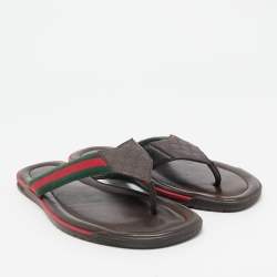 Gucci Brown Micro Guccissima Leather Web Thong Flip Flop Sandals Size 44.5