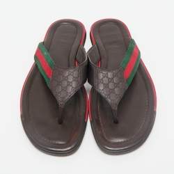 Gucci Brown Micro Guccissima Leather Web Thong Flip Flop Sandals Size 44.5