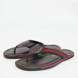 Gucci Brown Micro Guccissima Leather Web Thong Flip Flop Sandals Size 44.5