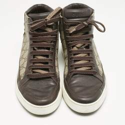 Gucci Brown/Grey GG Supreme Canvas and Leather Cap Toe High Top Sneakers Size 40.5