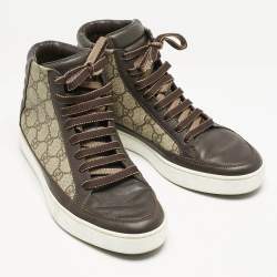 Gucci Brown/Grey GG Supreme Canvas and Leather Cap Toe High Top Sneakers Size 40.5