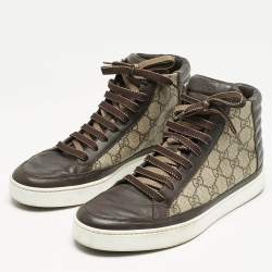 Gucci Brown/Grey GG Supreme Canvas and Leather Cap Toe High Top Sneakers Size 40.5