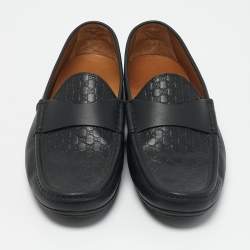 Gucci Navy Blue Leather Interlocking G Loafers Size 44