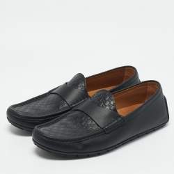 Gucci Navy Blue Leather Interlocking G Loafers Size 44