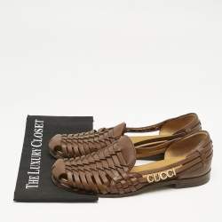 Pre Owned Gucci Brown Woven Leather Gucci Detail Slip On Loafers Size 43.5