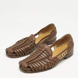 Pre Owned Gucci Brown Woven Leather Gucci Detail Slip On Loafers Size 43.5