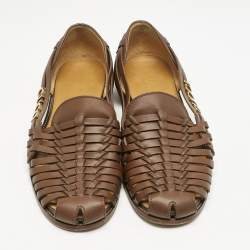 Pre Owned Gucci Brown Woven Leather Gucci Detail Slip On Loafers Size 43.5
