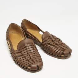 Pre Owned Gucci Brown Woven Leather Gucci Detail Slip On Loafers Size 43.5