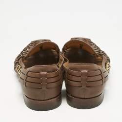 Pre Owned Gucci Brown Woven Leather Gucci Detail Slip On Loafers Size 43.5