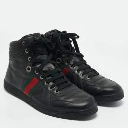مملوكة مسبقًا Gucci Black Leather Web Detail High Top Sneakers Size 42