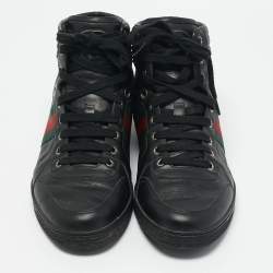 مملوكة مسبقًا Gucci Black Leather Web Detail High Top Sneakers Size 42