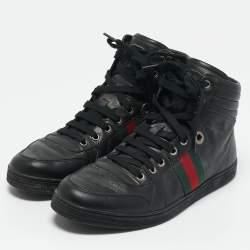 مملوكة مسبقًا Gucci Black Leather Web Detail High Top Sneakers Size 42