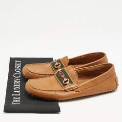 Gucci Brown Leather Horsebit Web Slip On Loafers Size 40.5