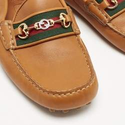 Gucci Brown Leather Horsebit Web Slip On Loafers Size 40.5