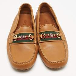 Gucci Brown Leather Horsebit Web Slip On Loafers Size 40.5