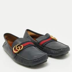 Gucci Navy Blue Leather GG Marmont Web Driver Slip On Loafers Size 39