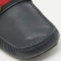 Gucci Navy Blue Leather GG Marmont Web Driver Slip On Loafers Size 39