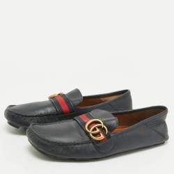 Gucci Navy Blue Leather GG Marmont Web Driver Slip On Loafers Size 39