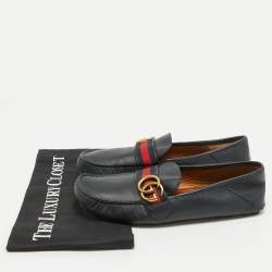 Gucci Navy Blue Leather GG Marmont Web Driver Slip On Loafers Size 39