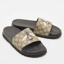 Gucci Beige GG Supreme Bee Pool Slides Size 43