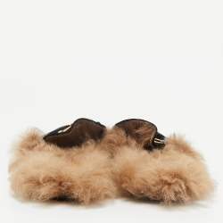 Pre Owned Gucci Black/Brown Velvet and Fur Lined Princetown Flat Mule Size 42.5