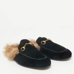 Pre Owned Gucci Black/Brown Velvet and Fur Lined Princetown Flat Mule Size 42.5