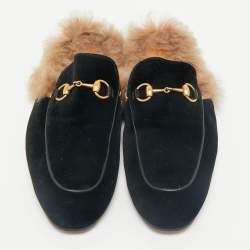 Pre Owned Gucci Black/Brown Velvet and Fur Lined Princetown Flat Mule Size 42.5