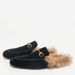 Pre Owned Gucci Black/Brown Velvet and Fur Lined Princetown Flat Mule Size 42.5